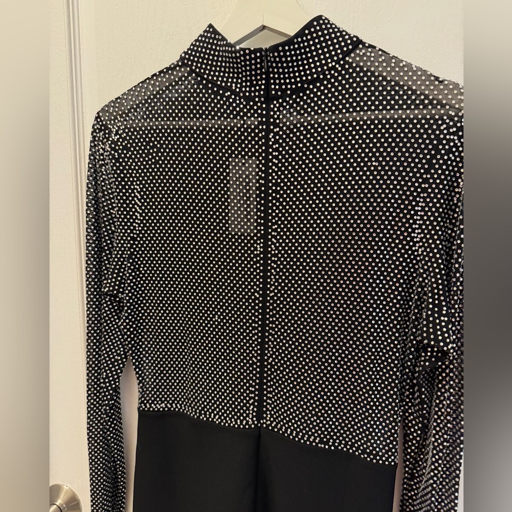 Hot Fix Diamante Power Jersey Black Mesh Long Sleeve Dress. - Picture 2 of 5